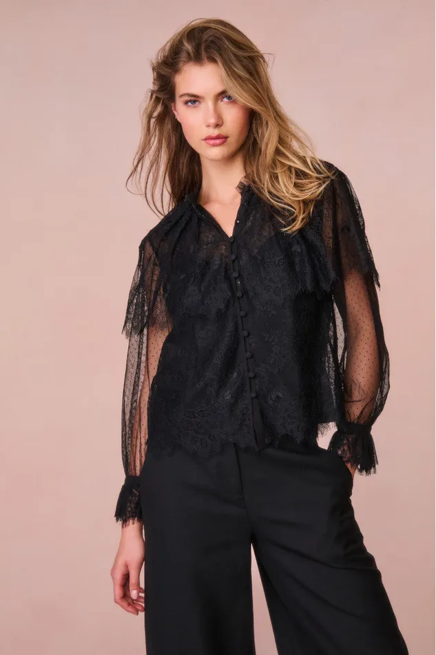 Women Tops LoveShackFancy Duquette Sheer Lace Top Black