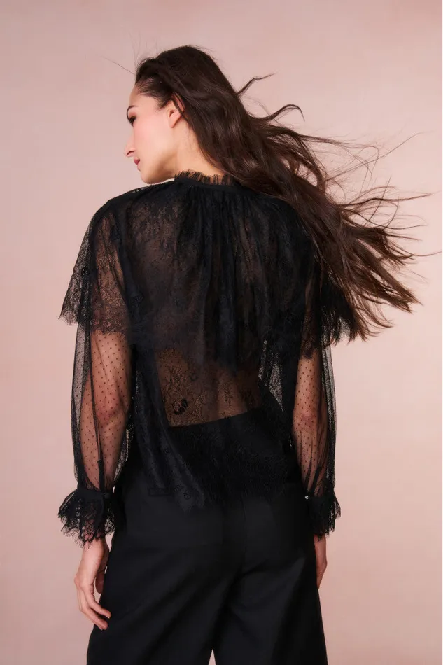 Women Tops LoveShackFancy Duquette Sheer Lace Top Black