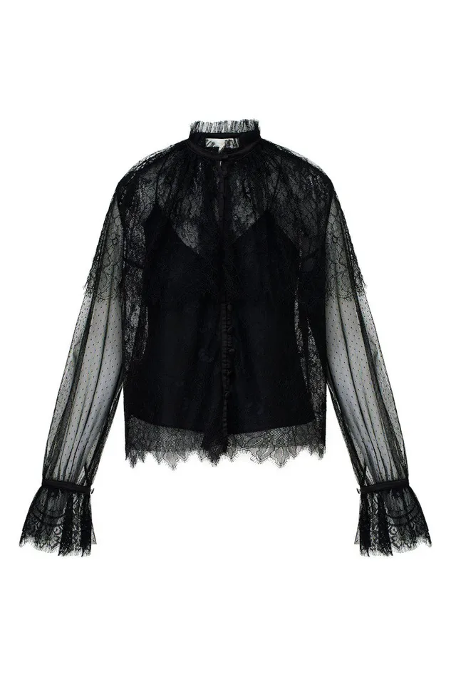 Women Tops LoveShackFancy Duquette Sheer Lace Top Black