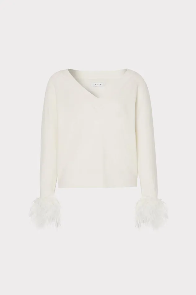 Women Tops Milly Feather Cuff VNeck Sweater Ecru