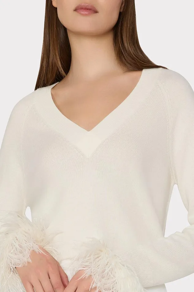 Women Tops Milly Feather Cuff VNeck Sweater Ecru Women Tops Milly Feather Cuff VNeck Sweater Ecru