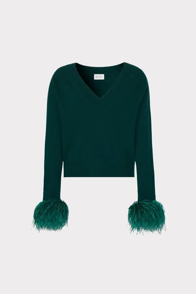 Women Tops Milly Feather Cuff VNeck Sweater Emerald Green