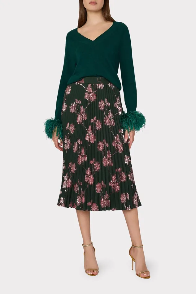 Women Tops Milly Feather Cuff VNeck Sweater Emerald Green Women Tops Milly Feather Cuff VNeck Sweater Emerald Green