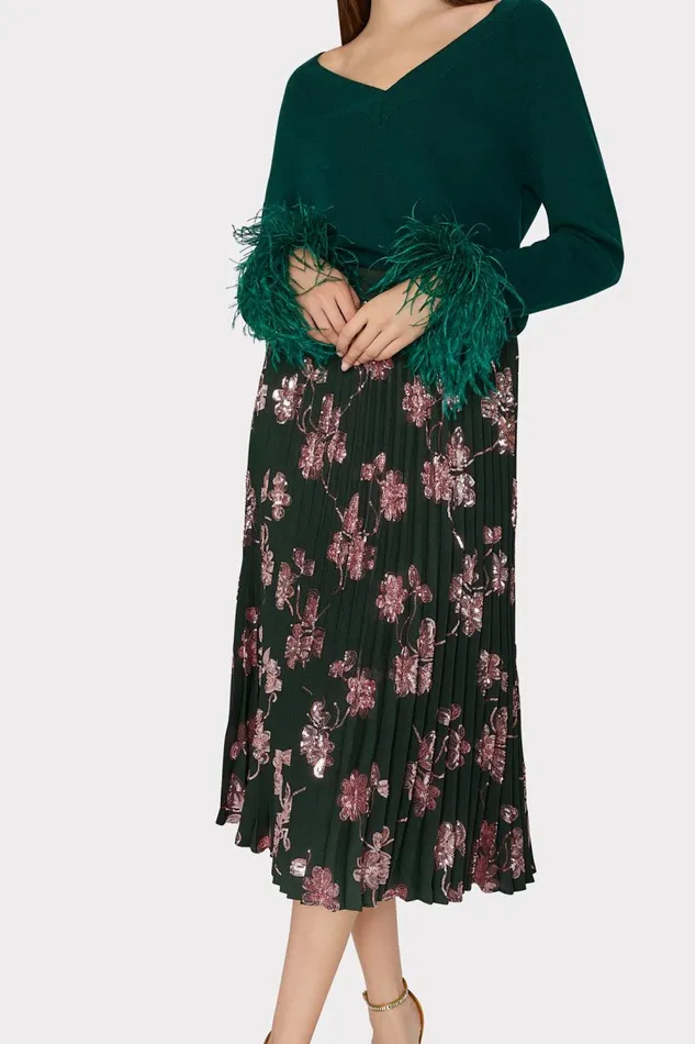 Women Tops Milly Feather Cuff VNeck Sweater Emerald Green Women Tops Milly Feather Cuff VNeck Sweater Emerald Green