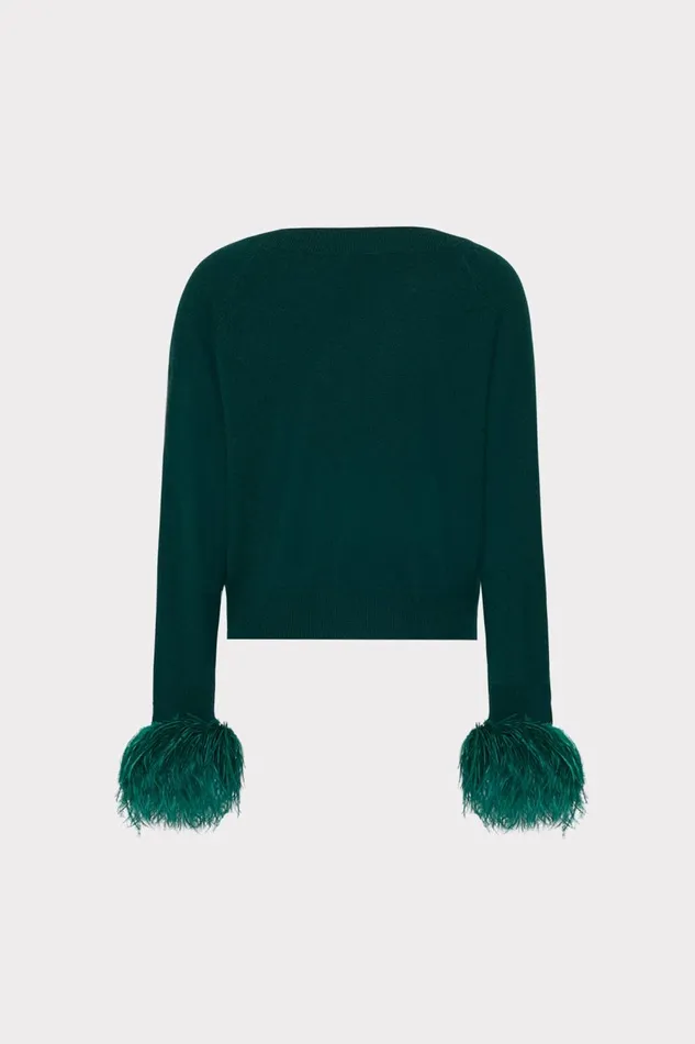 Women Tops Milly Feather Cuff VNeck Sweater Emerald Green Women Tops Milly Feather Cuff VNeck Sweater Emerald Green