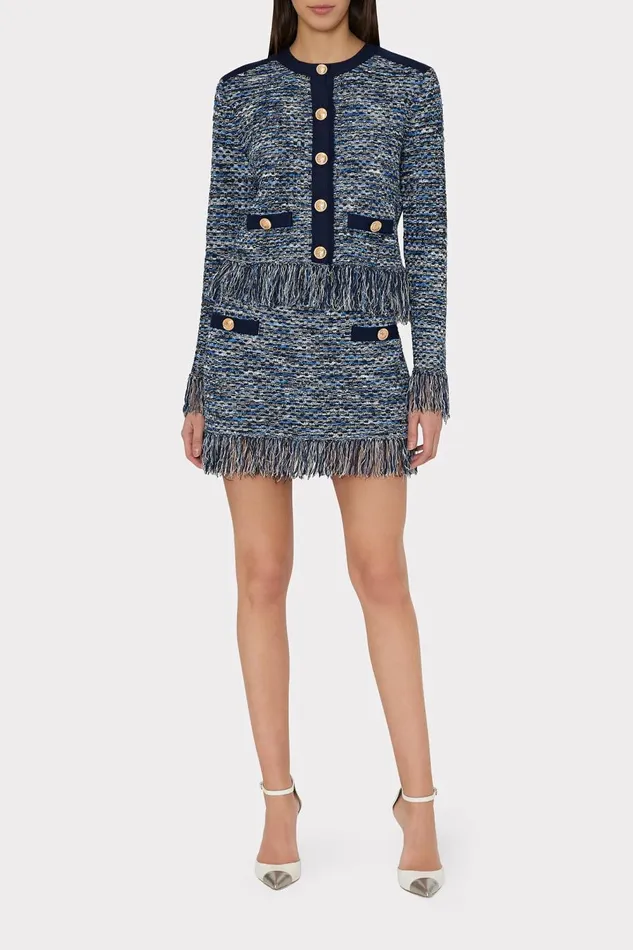 Women Tops Milly Kaia Textured Knit Cardigan Jacket Navy Multi
