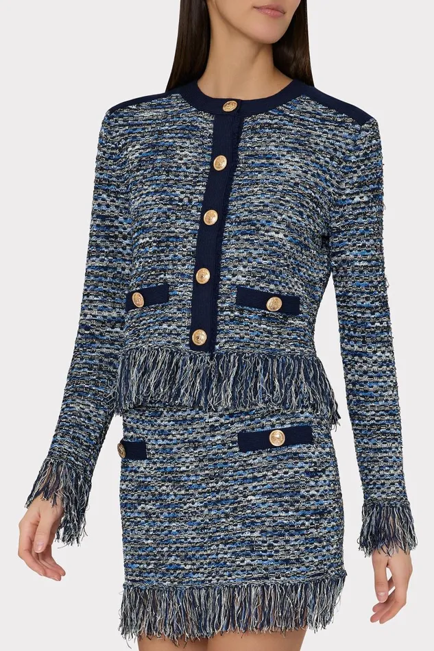 Women Tops Milly Kaia Textured Knit Cardigan Jacket Navy Multi