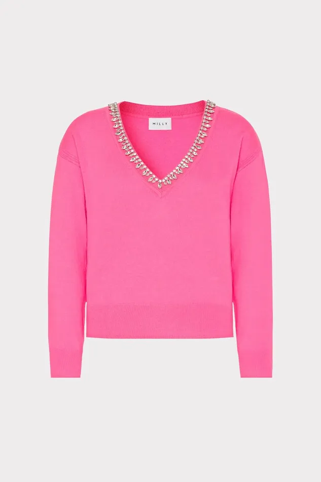 Women Tops Milly Kalia Crystal VNeck Sweater Milly Pink