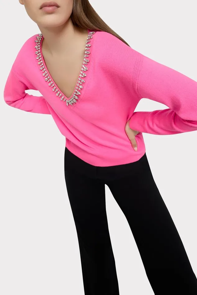 Women Tops Milly Kalia Crystal VNeck Sweater Milly Pink Women Tops Milly Kalia Crystal VNeck Sweater Milly Pink