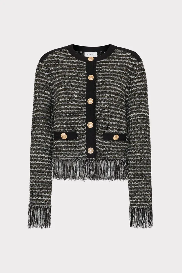 Women Tops Milly Metallic Textured Fringe Cardigan Black Gold Multi