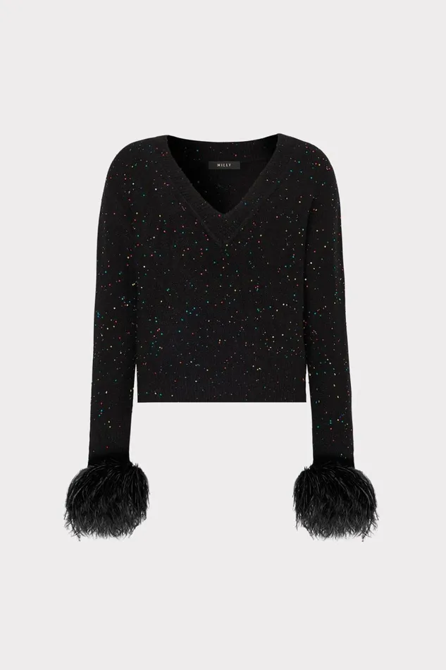 Women Tops Milly Sequin Feather Cuff VNeck Sweater Black Multi