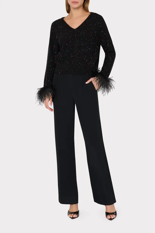 Women Tops Milly Sequin Feather Cuff VNeck Sweater Black Multi Women Tops Milly Sequin Feather Cuff VNeck Sweater Black Multi