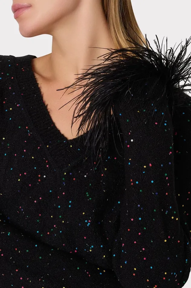 Women Tops Milly Sequin Feather Cuff VNeck Sweater Black Multi Women Tops Milly Sequin Feather Cuff VNeck Sweater Black Multi