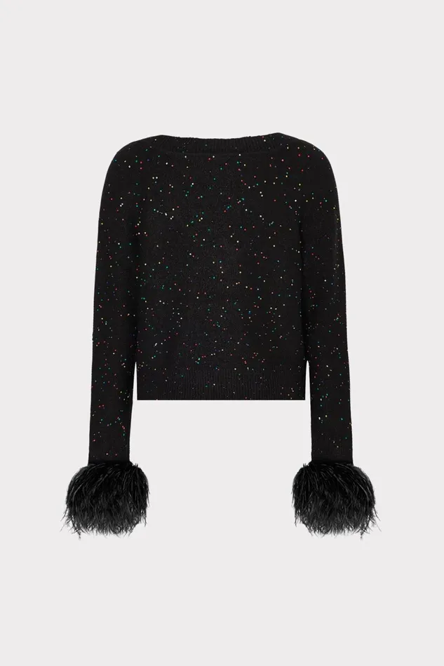 Women Tops Milly Sequin Feather Cuff VNeck Sweater Black Multi Women Tops Milly Sequin Feather Cuff VNeck Sweater Black Multi