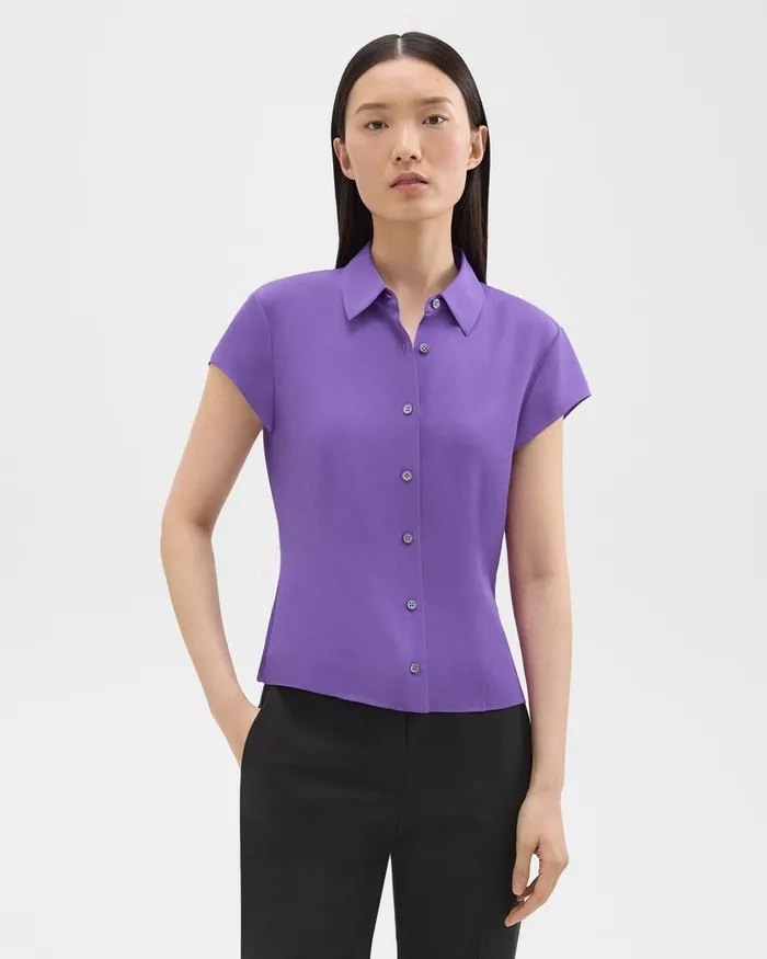 Women Tops Theory Cap Sleeve Shirt In Silk Georgette Bright Peony
