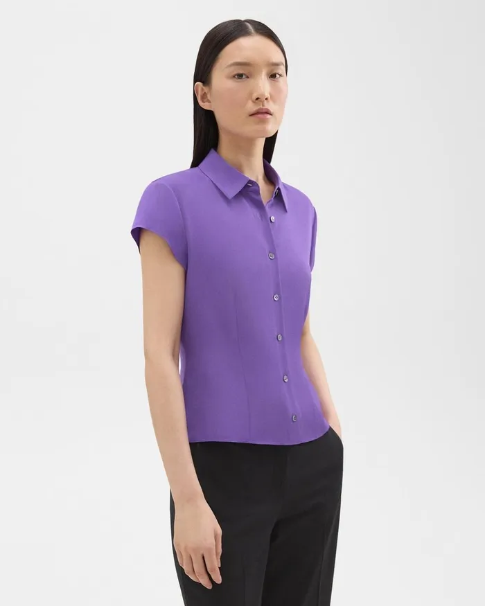 Women Tops Theory Cap Sleeve Shirt In Silk Georgette Bright Peony