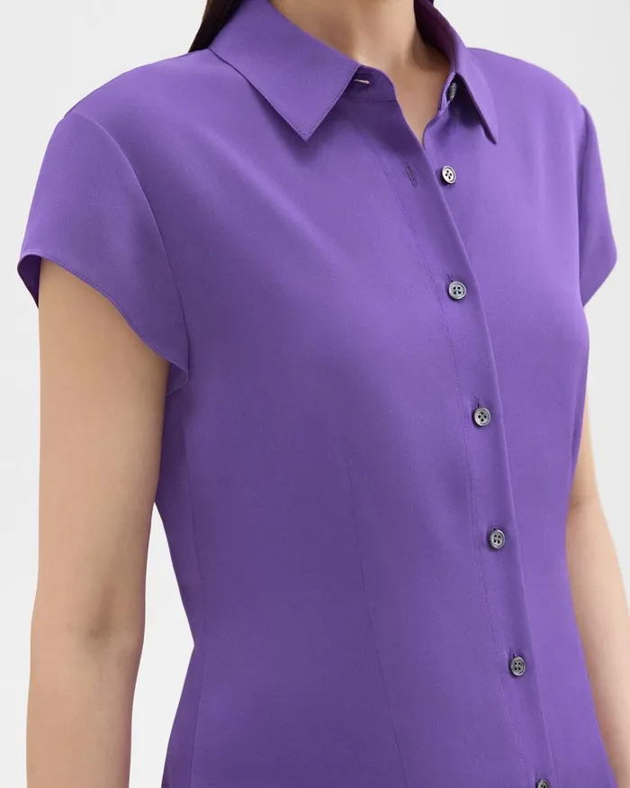 Women Tops Theory Cap Sleeve Shirt In Silk Georgette Bright Peony