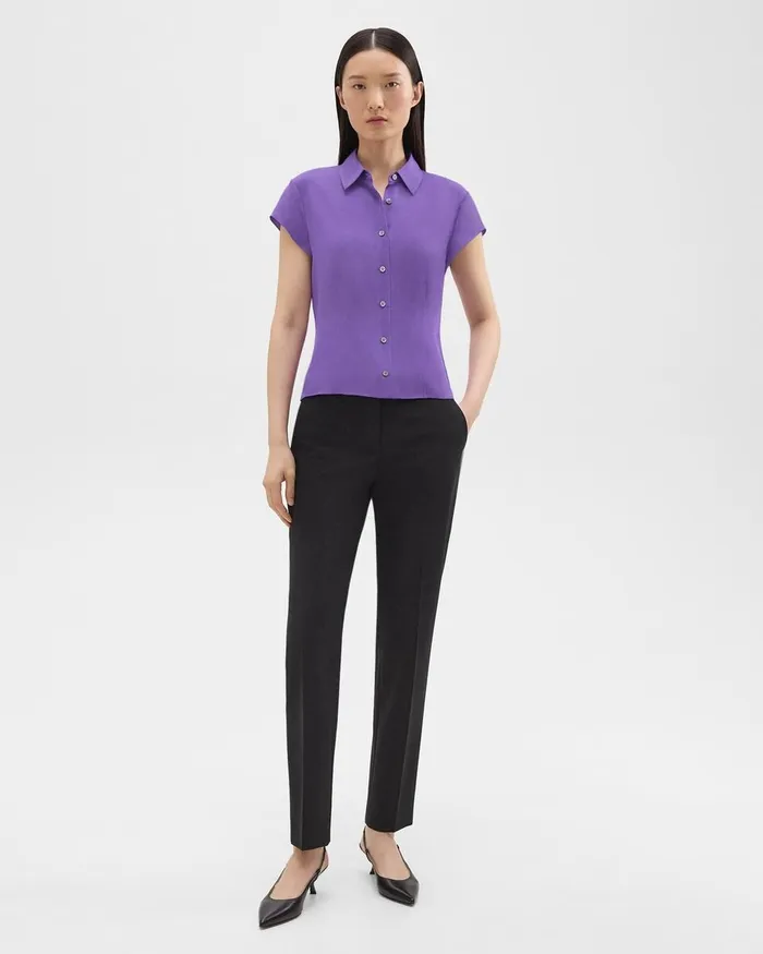 Women Tops Theory Cap Sleeve Shirt In Silk Georgette Bright Peony