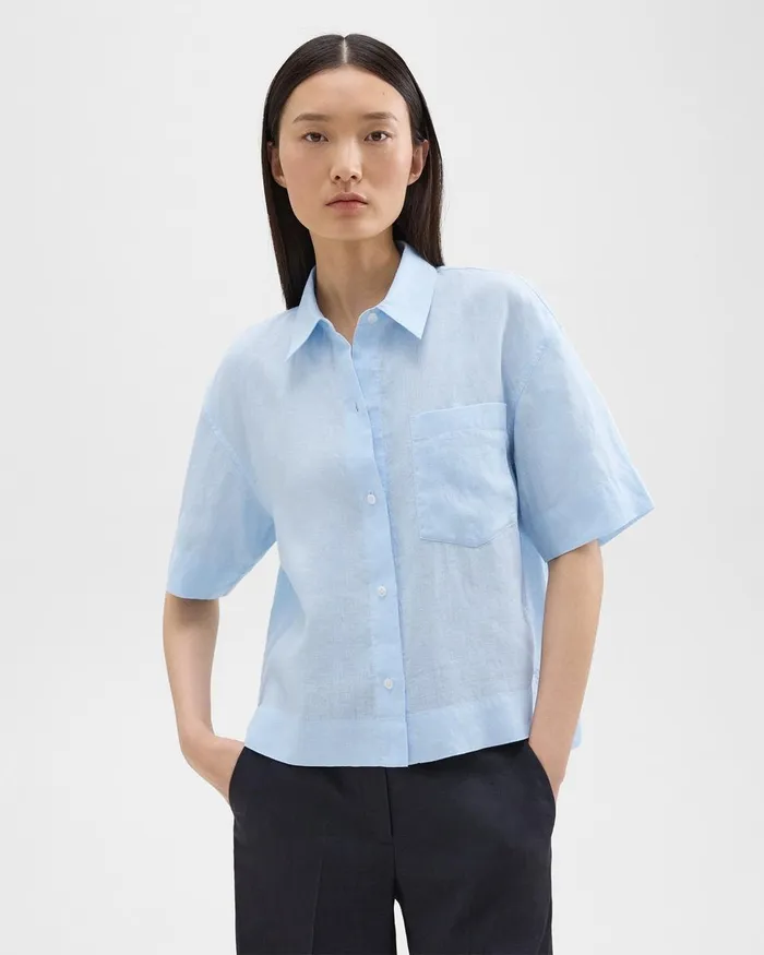 Women Tops Theory ShortSleeve Shirt In Relaxed Linen Skylight