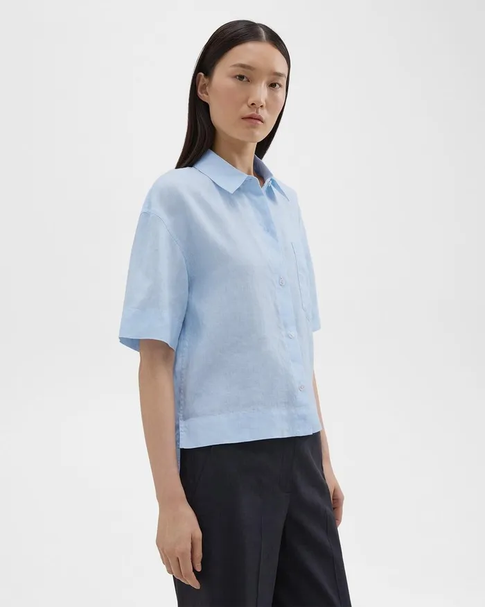 Women Tops Theory ShortSleeve Shirt In Relaxed Linen Skylight