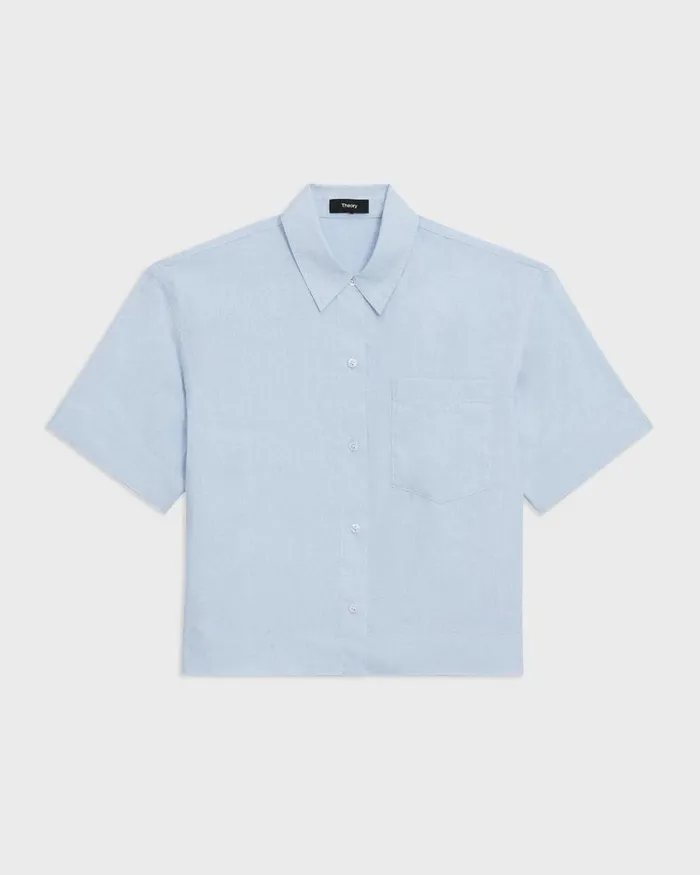 Women Tops Theory ShortSleeve Shirt In Relaxed Linen Skylight