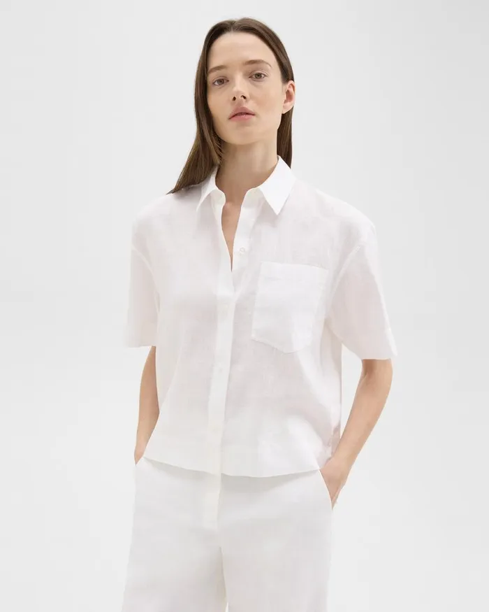 Women Tops Theory ShortSleeve Shirt In Relaxed Linen White