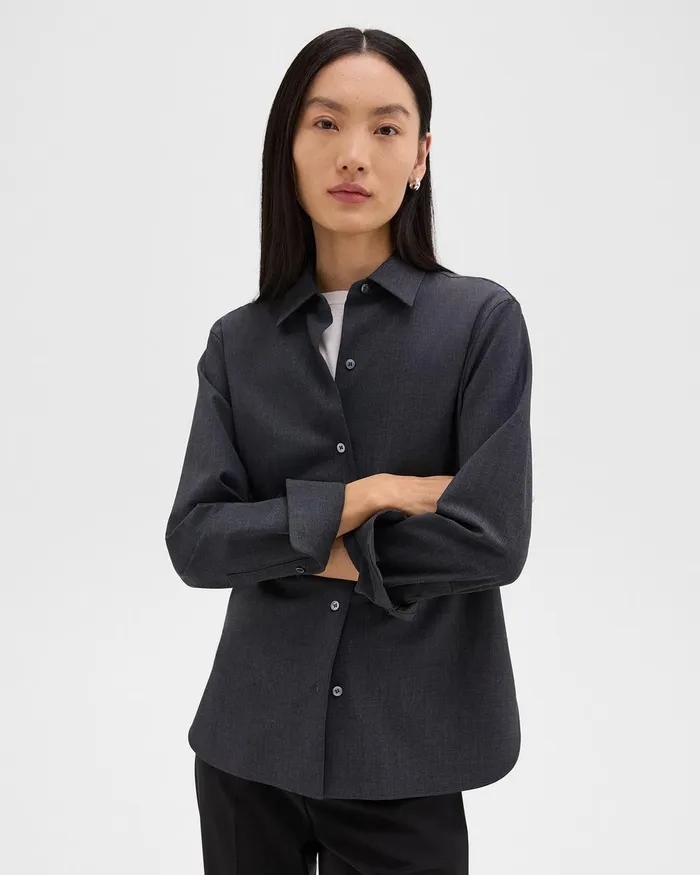 Women Tops Theory Straight Shirt In Good Wool Charcoal Melange