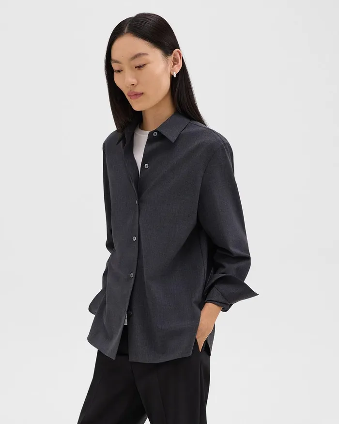 Women Tops Theory Straight Shirt In Good Wool Charcoal Melange