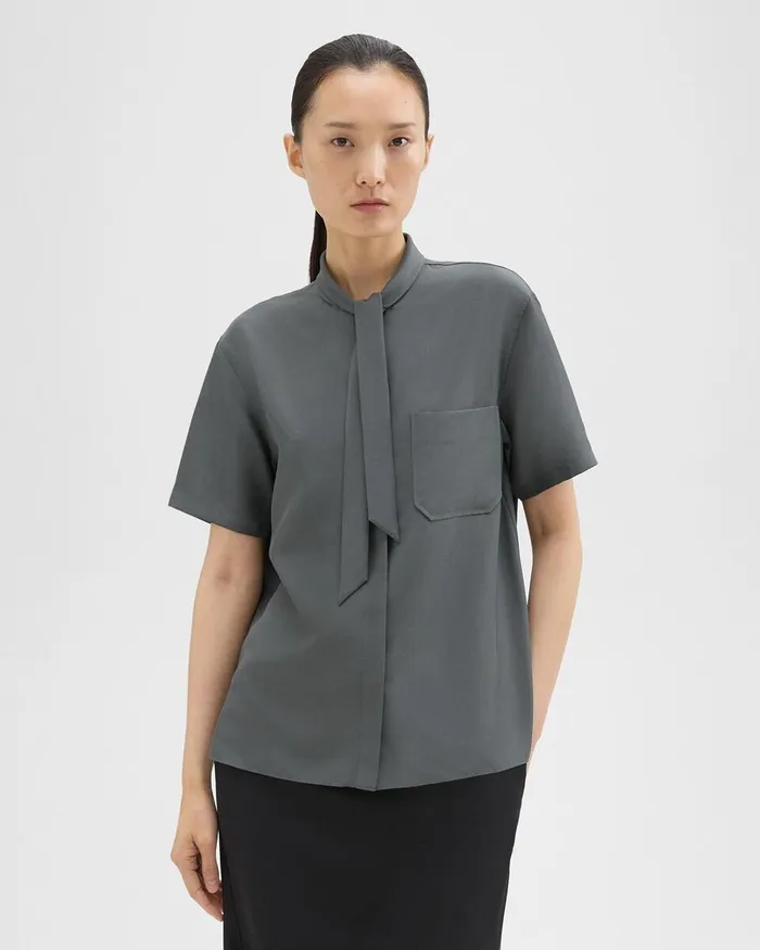 Women Tops Theory Tie Neck Silk Shirt Spruce