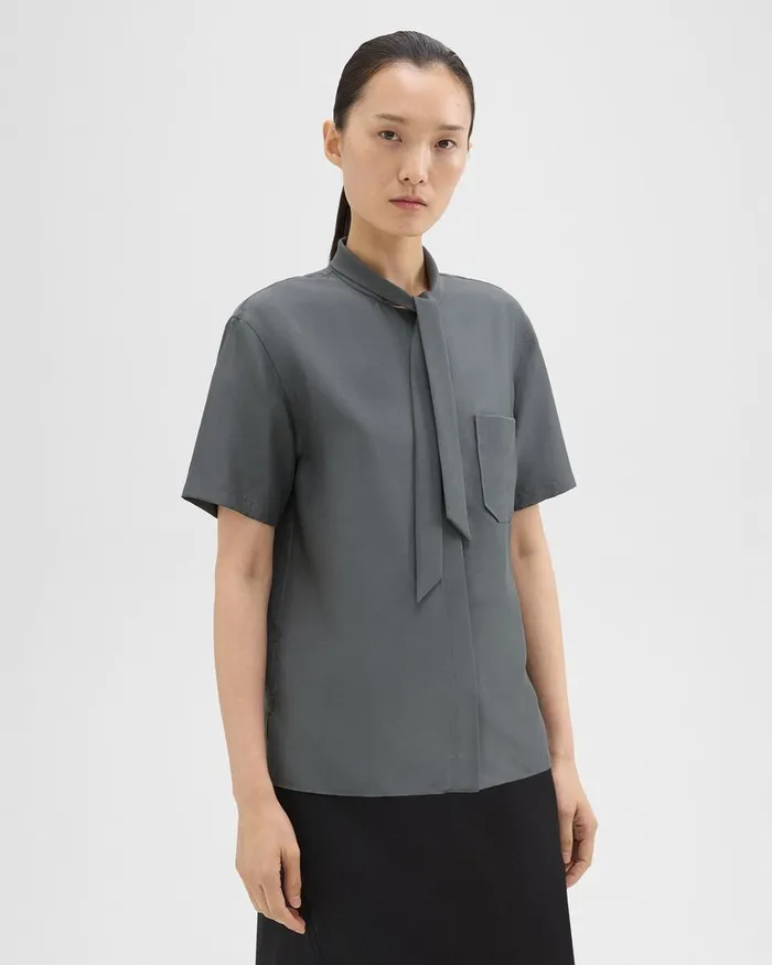 Women Tops Theory Tie Neck Silk Shirt Spruce