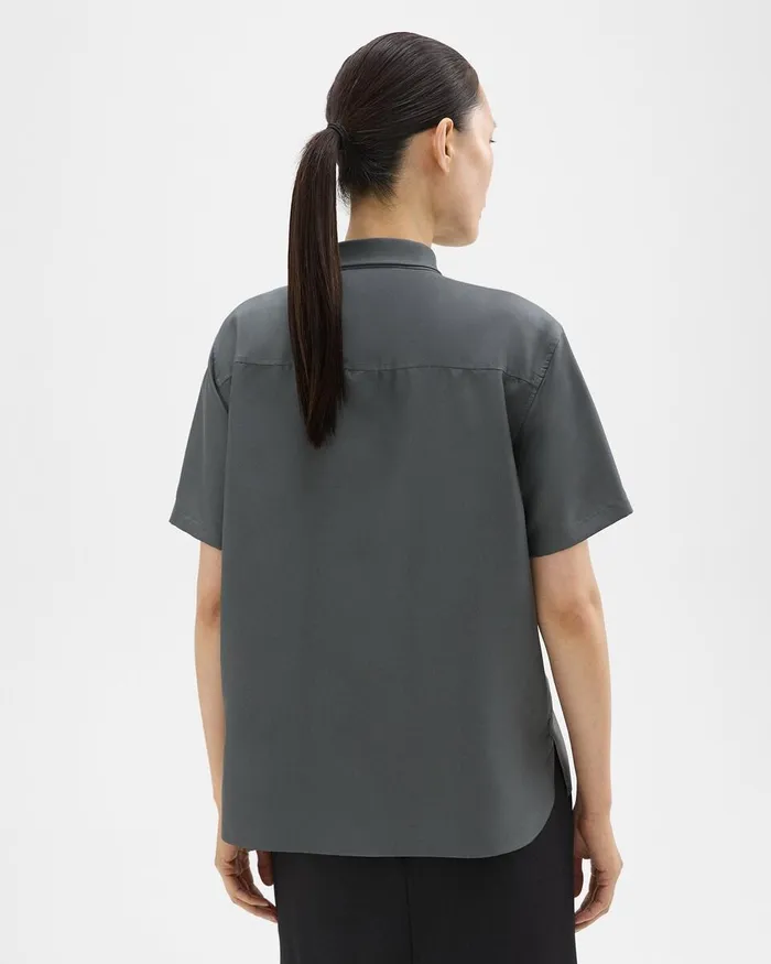 Women Tops Theory Tie Neck Silk Shirt Spruce