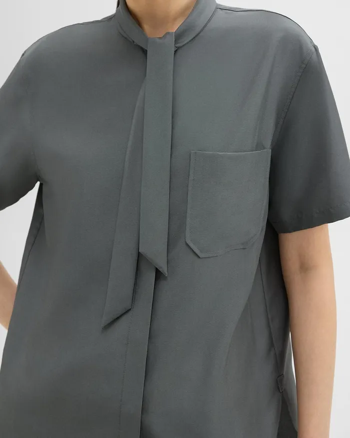 Women Tops Theory Tie Neck Silk Shirt Spruce