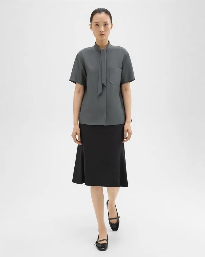 Women Tops Theory Tie Neck Silk Shirt Spruce