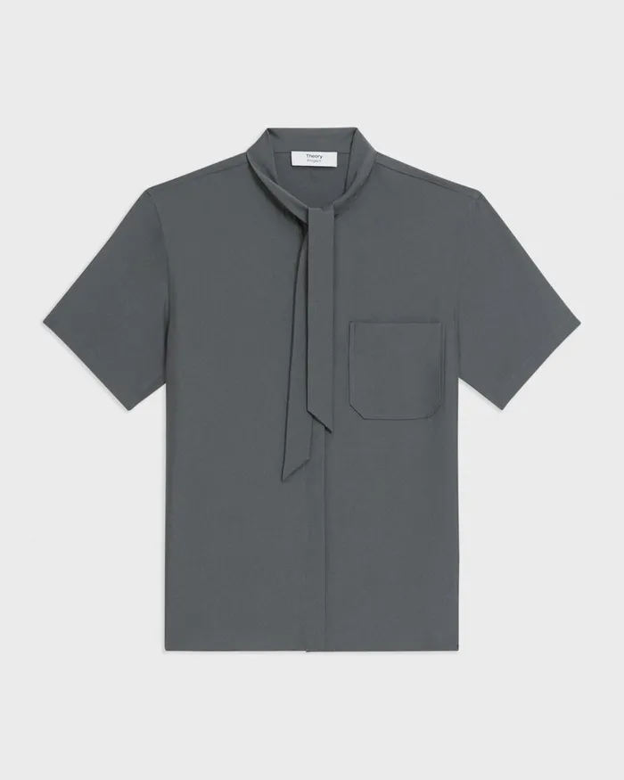 Women Tops Theory Tie Neck Silk Shirt Spruce