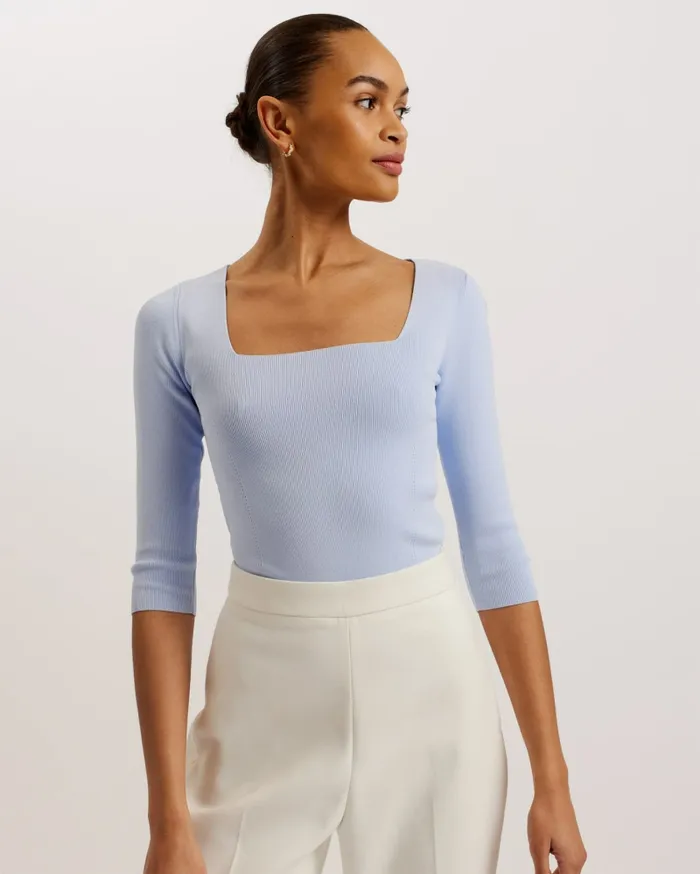 Women VALLRYY 8211 Square Neck Fitted Knit Top Light Blue Ted Baker Tops and Blouses