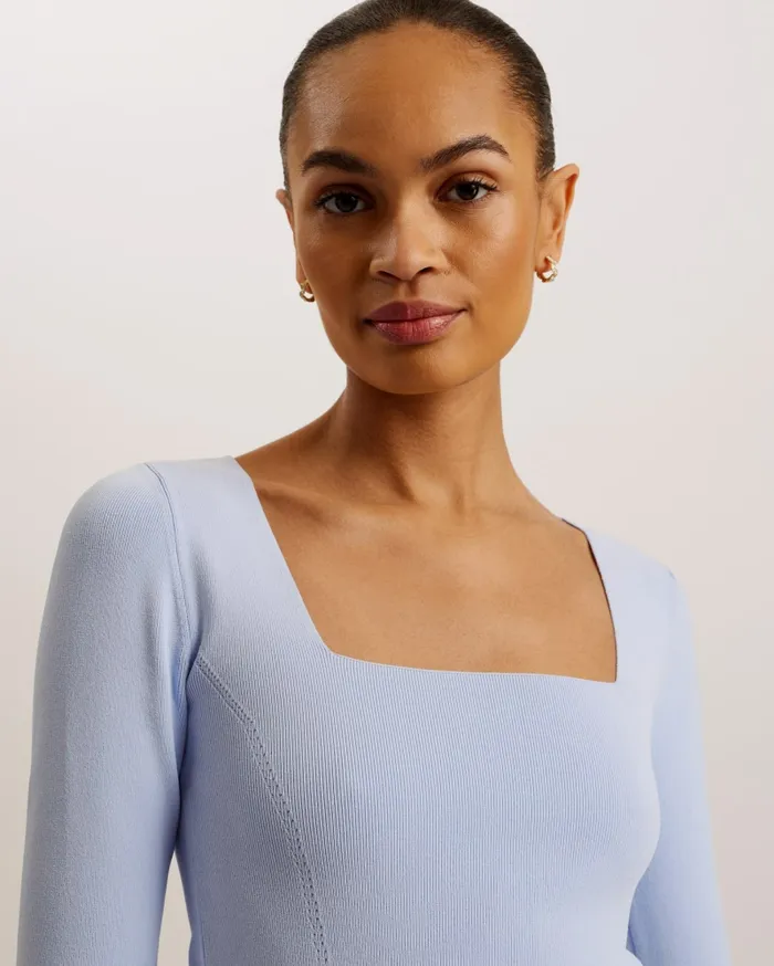 Women VALLRYY 8211 Square Neck Fitted Knit Top Light Blue Ted Baker Tops and Blouses