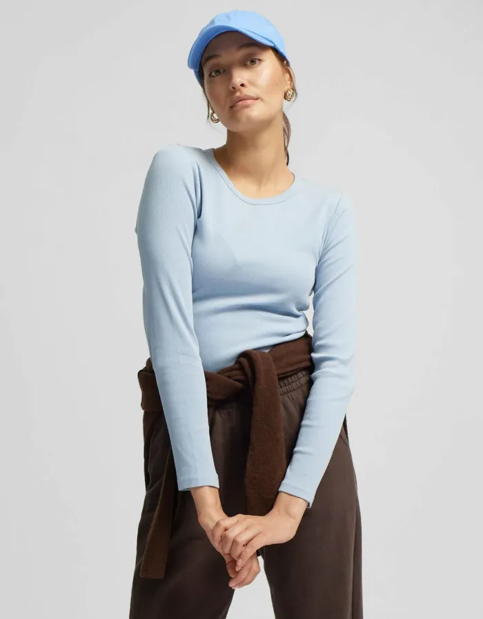 Women Women Organic Rib LS TShirt Pacific Blue Colorful Standard Long Sleeve Tops