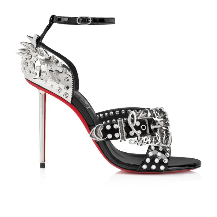 Women Wosandal Pic 100 Mm Sandals 8211 Patent Leather And Spikes 8211 Black Christian Louboutin Sandals and Slides
