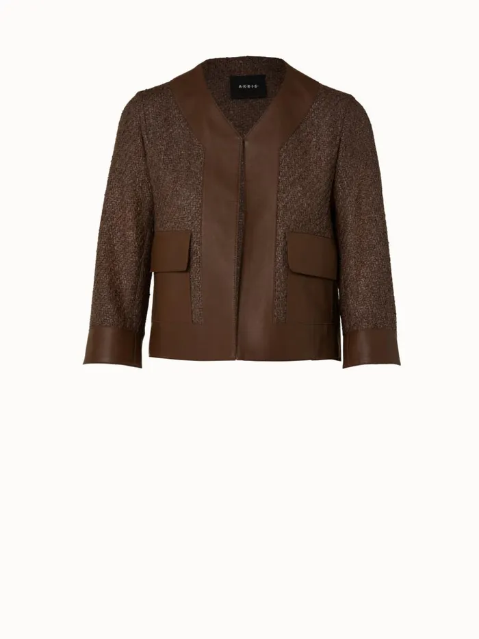 Wool Blend Structured Tweed Jacket With Leather Trim Chestnut Women Akris Jackets