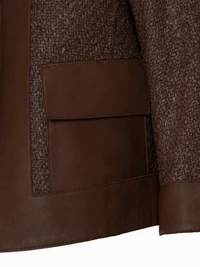 Wool Blend Structured Tweed Jacket With Leather Trim Chestnut Women Akris Jackets