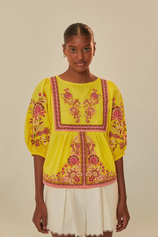 Yellow Garden Tapestry Embroidered Blouse Women Farm Rio Blouses