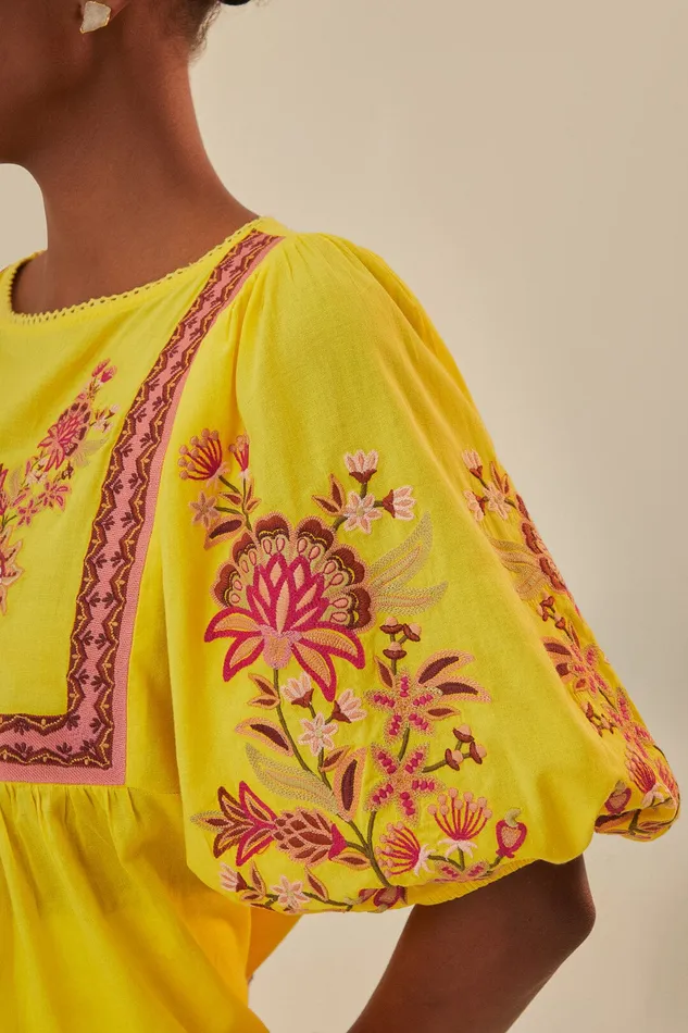 Yellow Garden Tapestry Embroidered Blouse Women Farm Rio Blouses