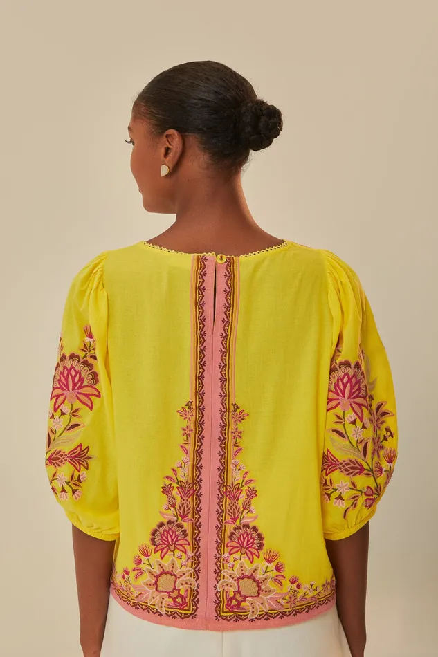 Yellow Garden Tapestry Embroidered Blouse Women Farm Rio Blouses